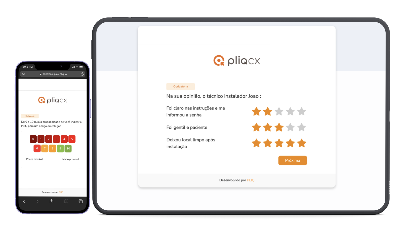 Pesquisas de NPS e CSAT da PliQCX em mobile e tablet