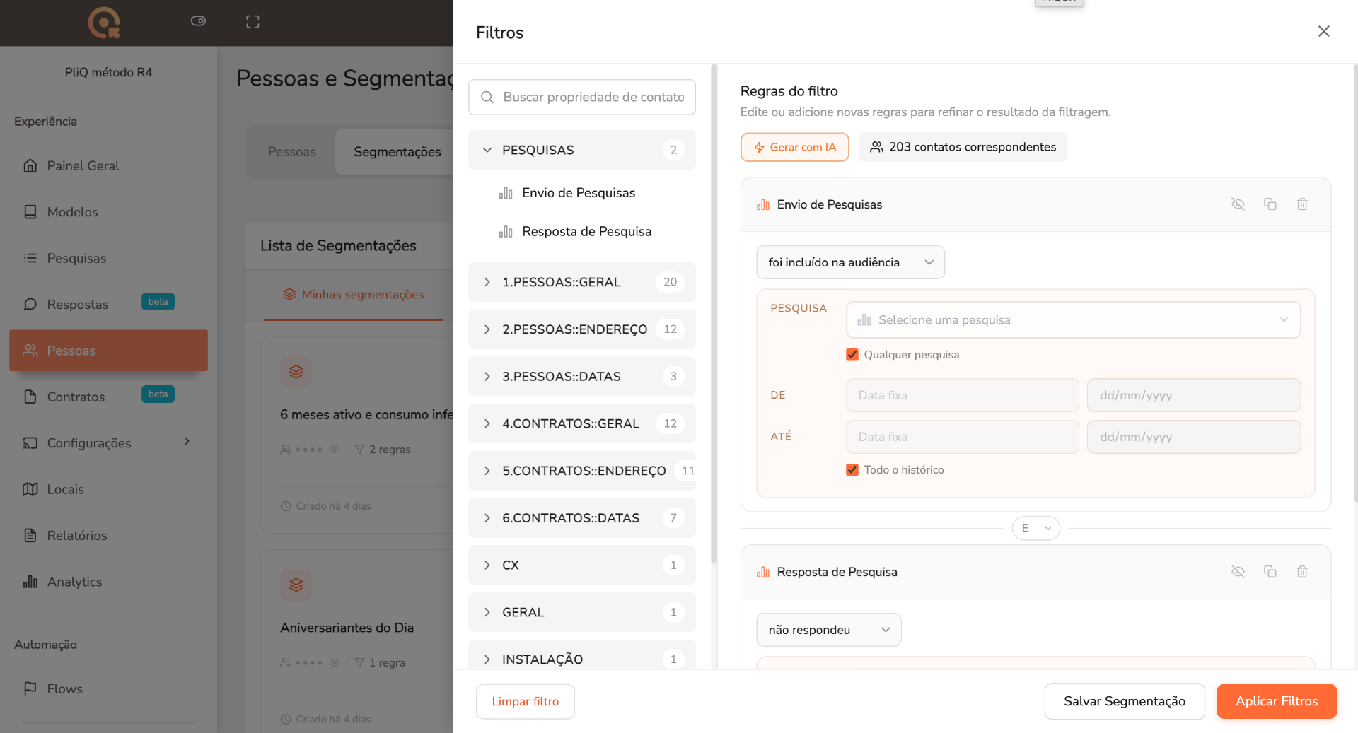 Tela de filtros e segmentações da plataforma PliQCX